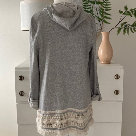 DEMOCRACY cardigan gray lace trim open front hood size M - Picture 3 of 3